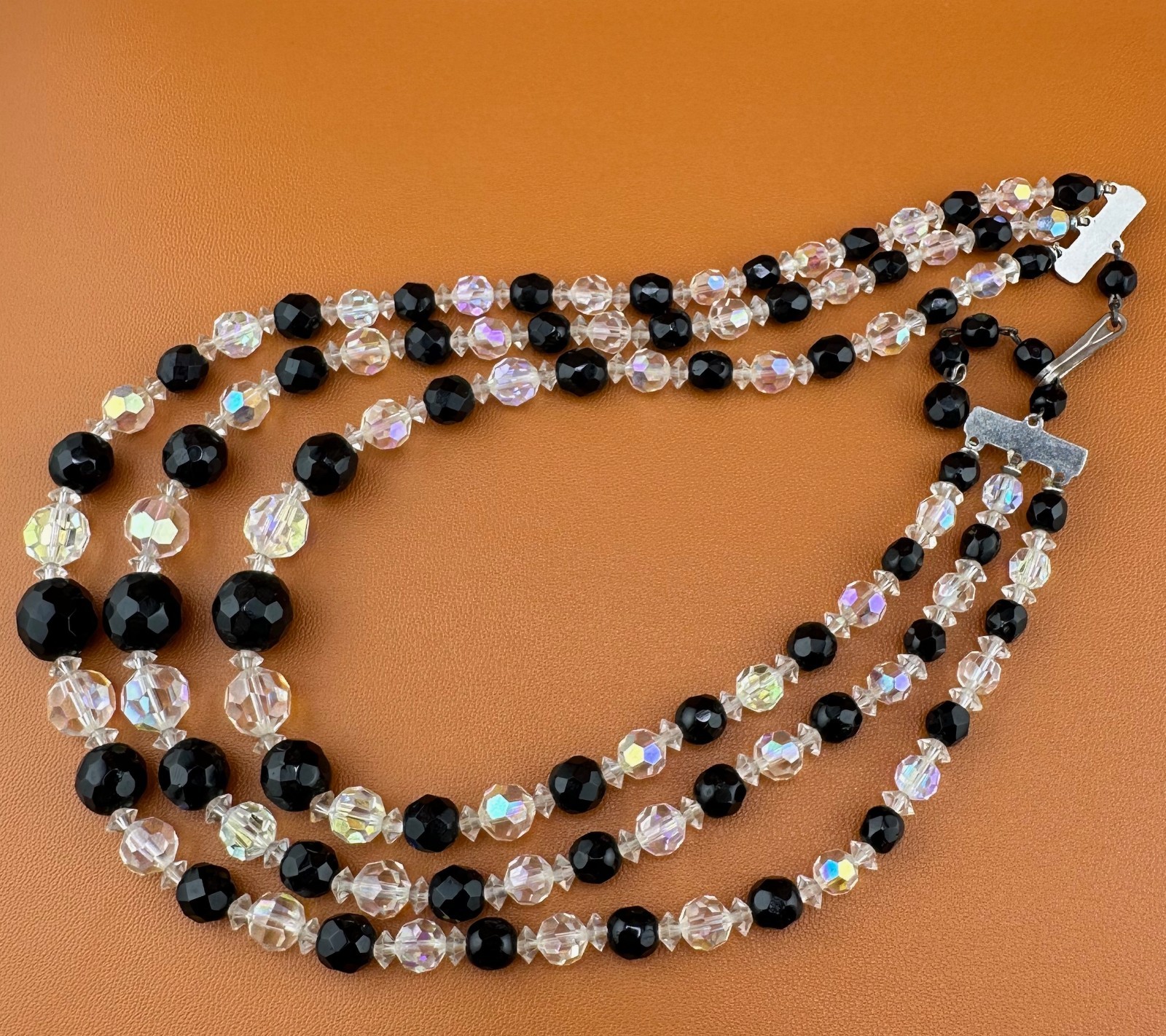 Vintage AB Crystal Bead Necklace Earrings Set Triple Strand Black & Clear 15″