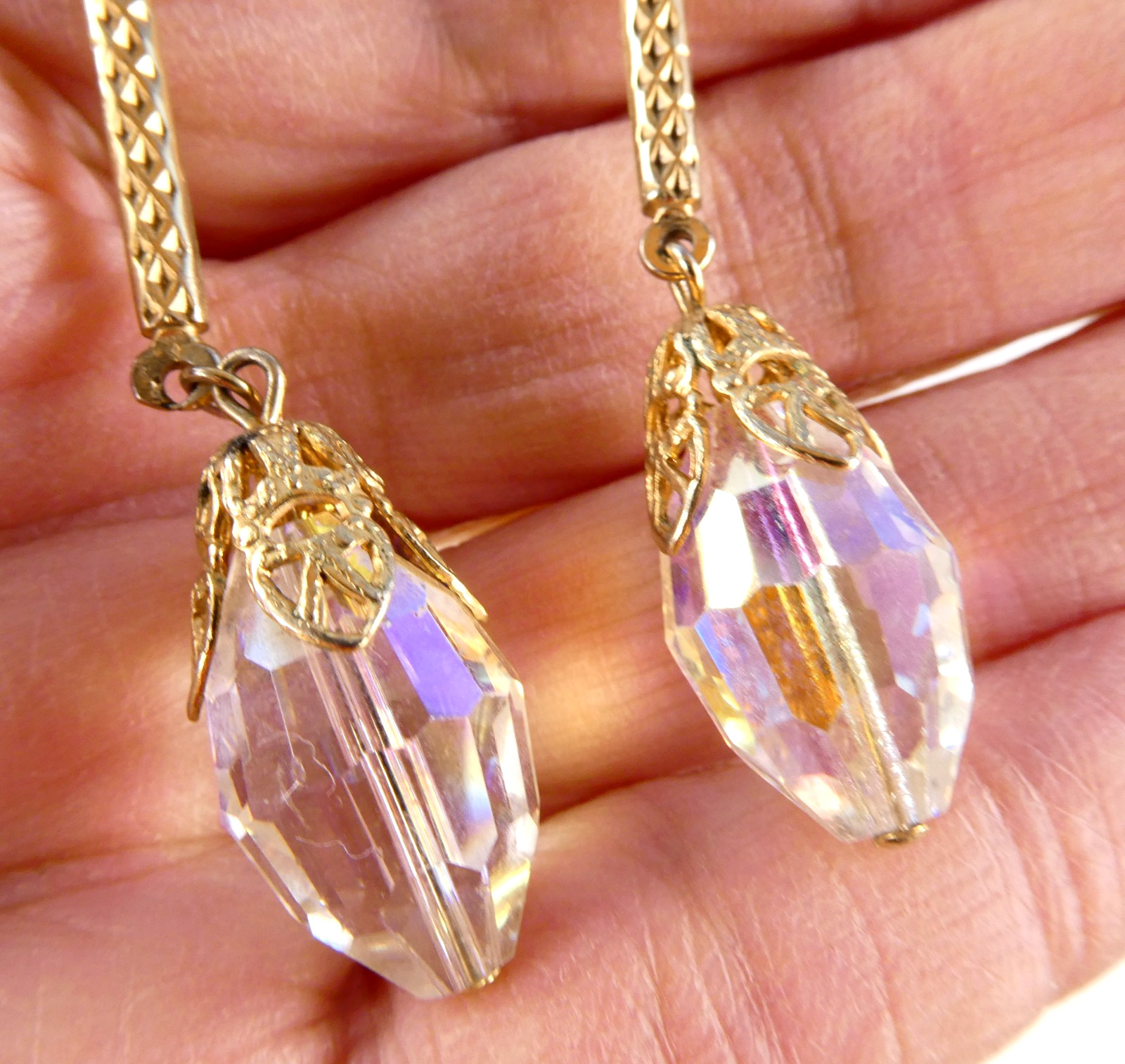 Vintage LONG Crystal Drop Dangle Earrings Clip On AB Glass Gold Tone