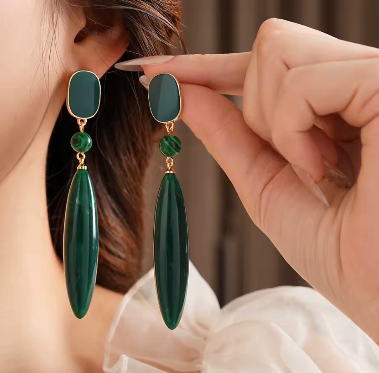 Vintage Emerald Green Acrylic Dangle Earrings for Women, Malachite Style Drop Ea
