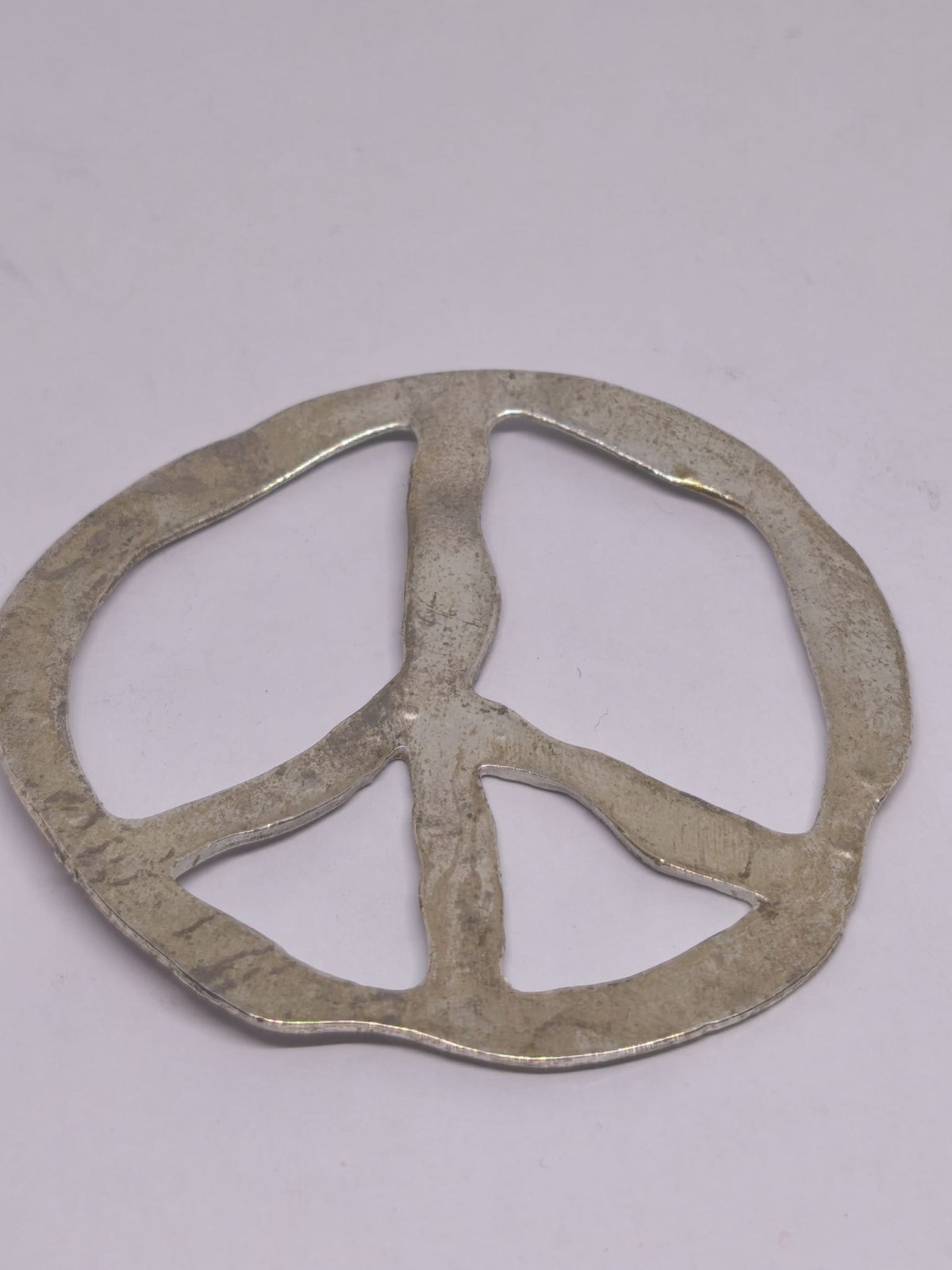 Large Vintage Peace Sign Pendant Silver Tone Hammered Metal Hippie Boho Festival