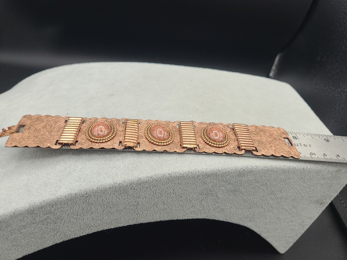 Stunning Vintage Copper & GoldStone Bracelet 7 3/4″ & Earrings Ornate Metalwork