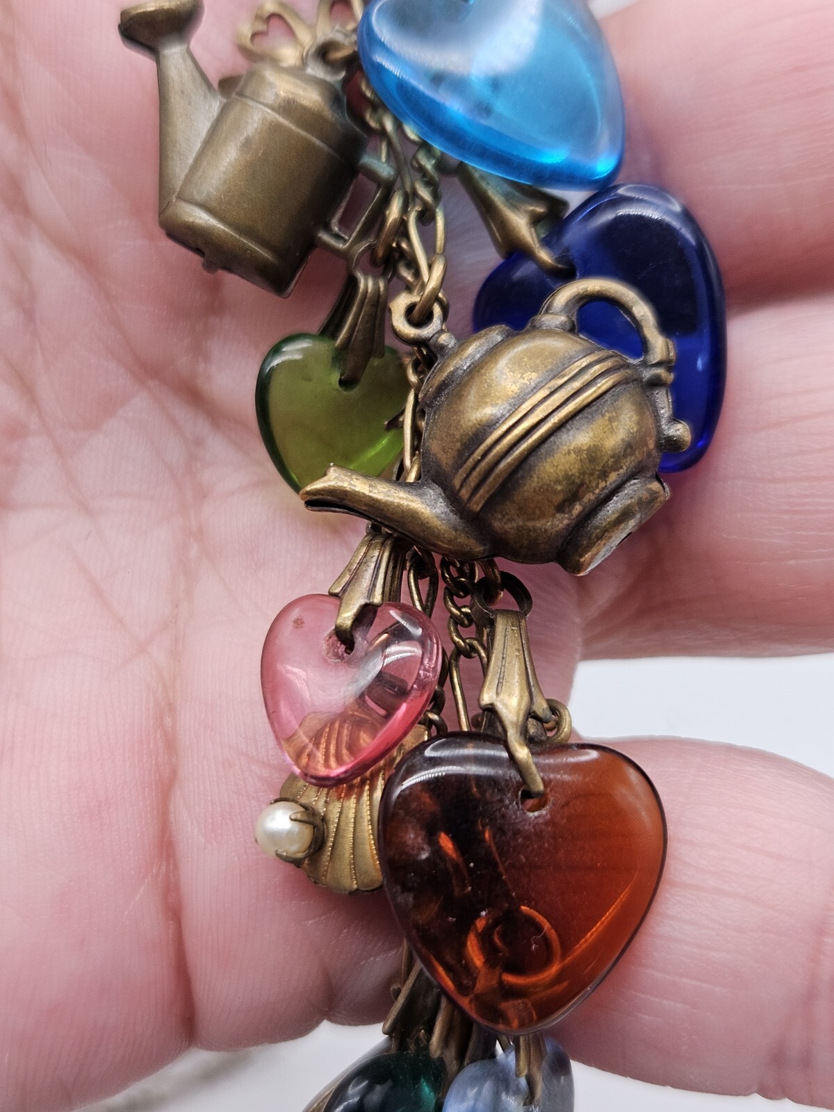 Glass Works Studio Brass Tone Multicolor Glass Dangle Hearts Charm Necklace