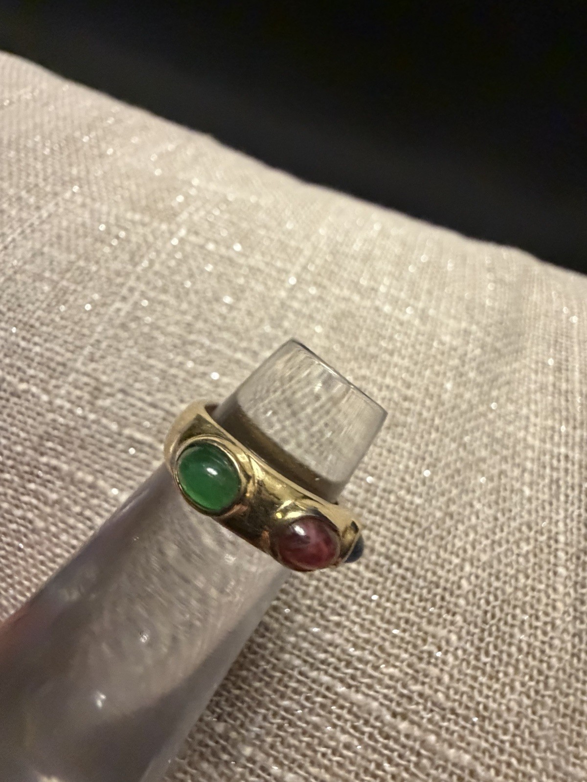 VTG 14 kt gold plated cabochon gemstones: a sapphire, a ruby, and an emerald, 6