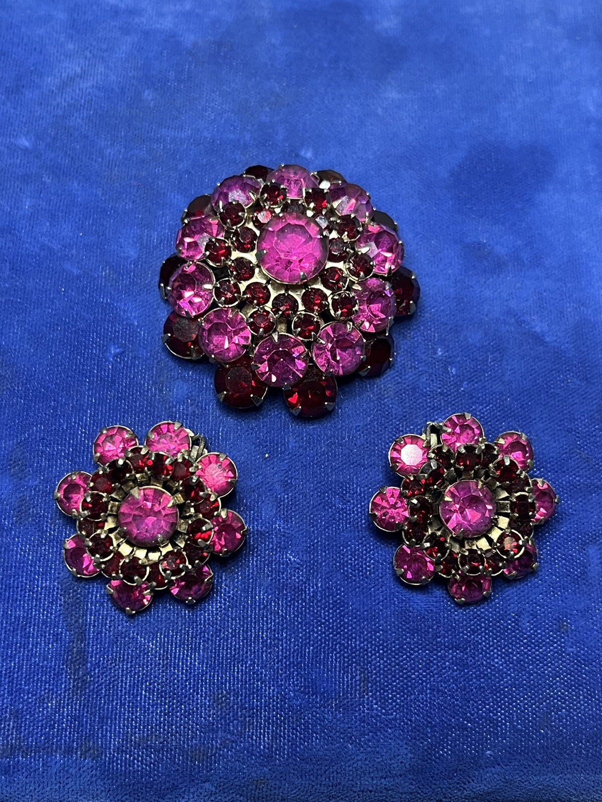 Vintage Rhinestone Dome Brooch Crystal Fuchsia Pink Red Garnet Layered Earrings
