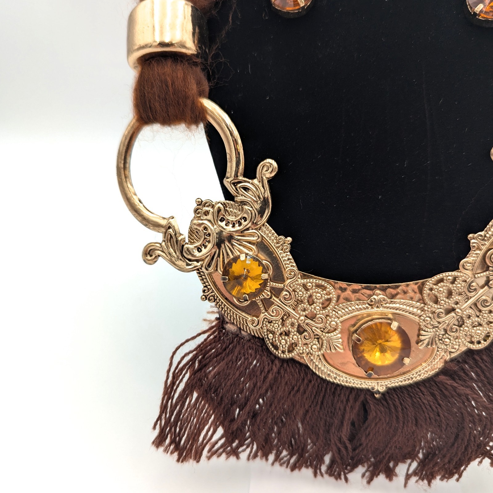 Vintage Victorian Revival Necklace Handmade Macrame Beaded Gold Egyptian Amber
