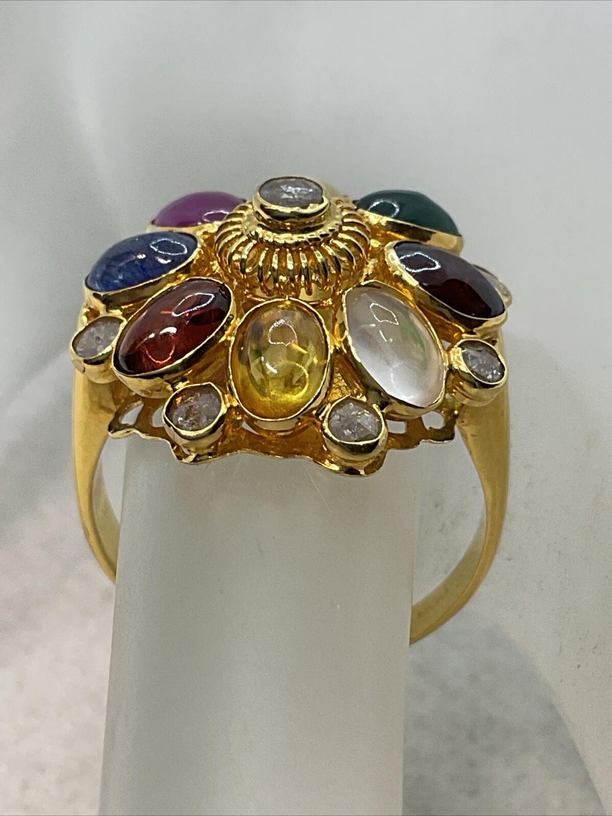 VINTAGE HANDMADE Solid 18K (750) Multicolor Gemstones & Rose Cut Diamonds Ring