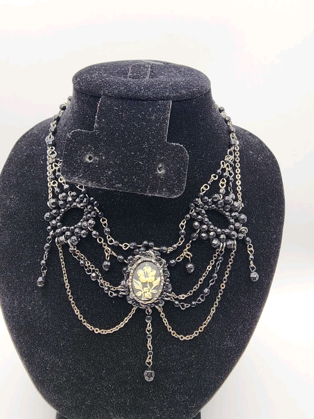 Vintage Victorian Gothic Black Beaded Choker Statement Necklace Cameo Bib Collar