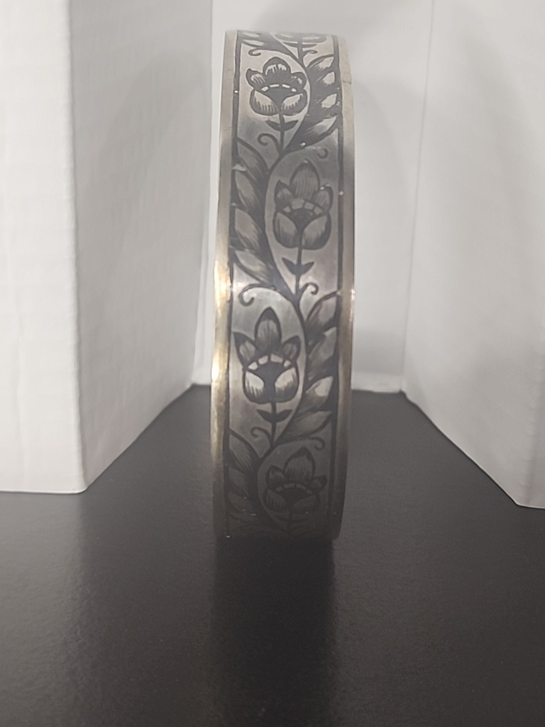 Vintage Soviet era 875 Sterling Silver Cuff Bracelet Niello Floral Design russia