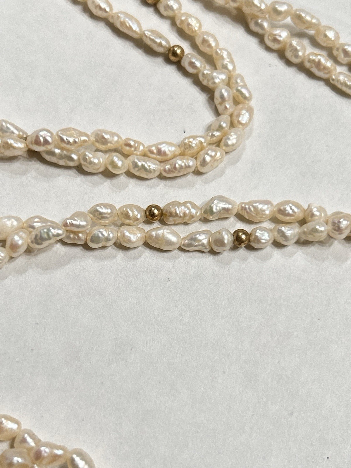 Long 56” Opera Length Necklace Rice Pearls & Gold Plated Beads, 2 Strand Twisted