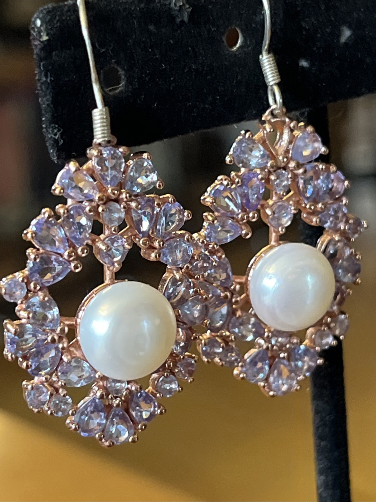 Vintage Tanzanite Real Pearl Dangle Drop Earrings 925 Wire Pierced 1.75” Classic