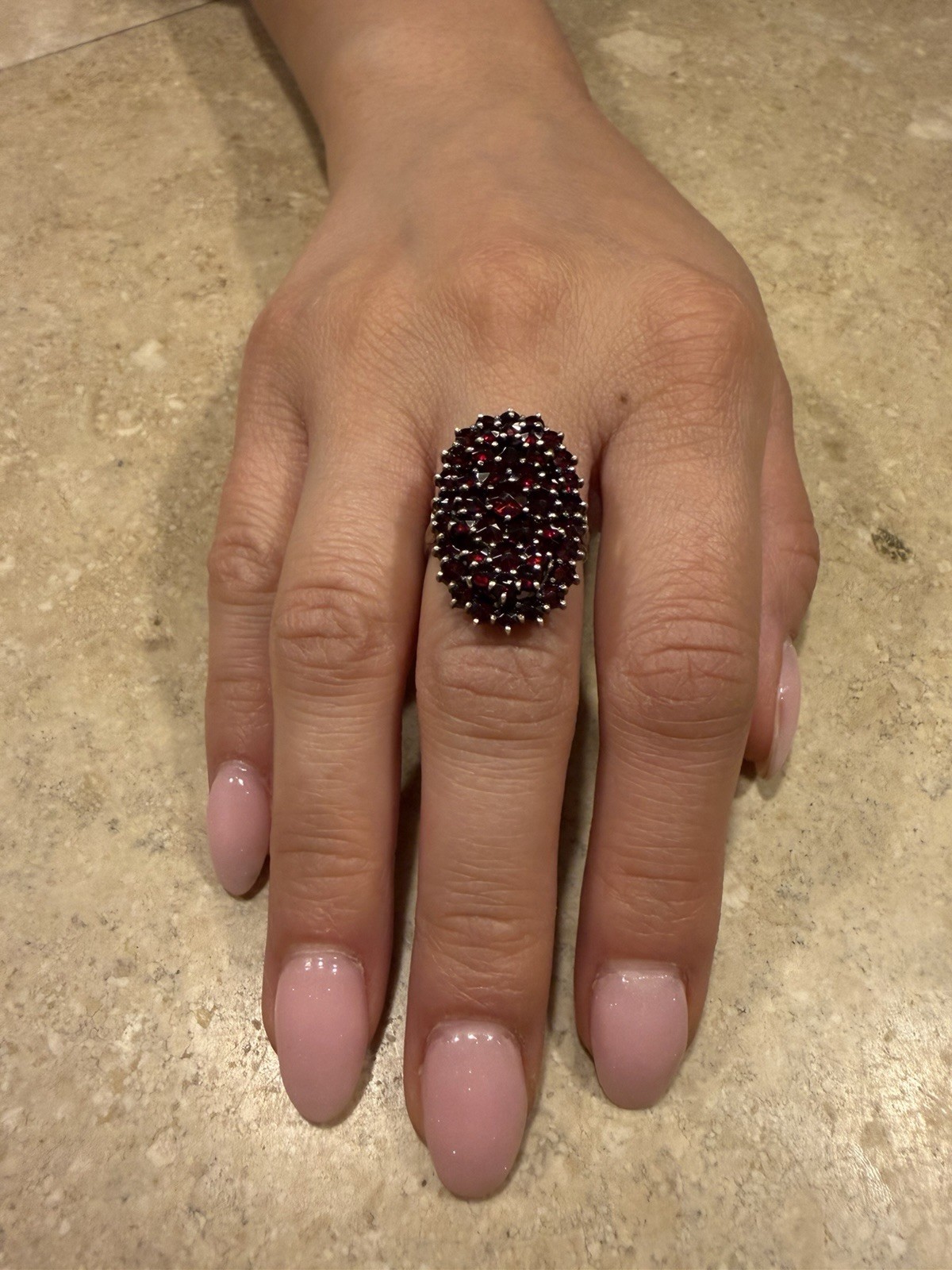 Czech Antique Edwardian 900 Silver Bohemian Garnet Tiered Cluster Ring Sz7.25