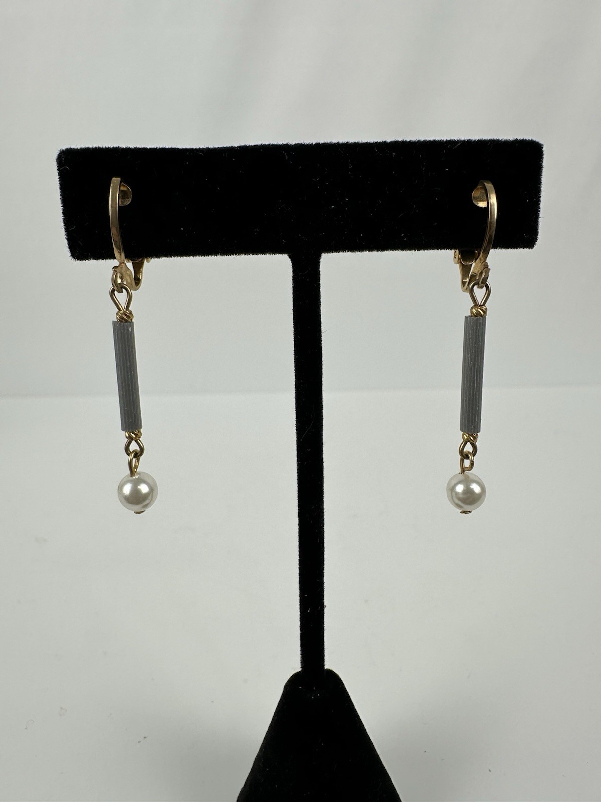 Vintage Clip On Gold Toned Gray And White Faux Pearl Dangle Earrings From Estate
