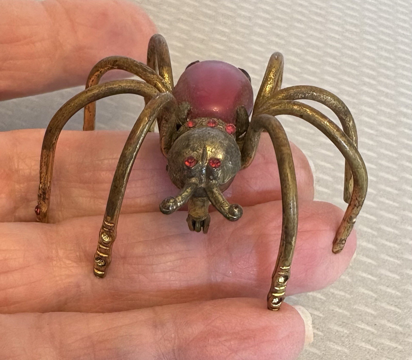 Art Deco Antique Spider Brooch Insect Bug Jewelry Red Plastic Rhinestones READ
