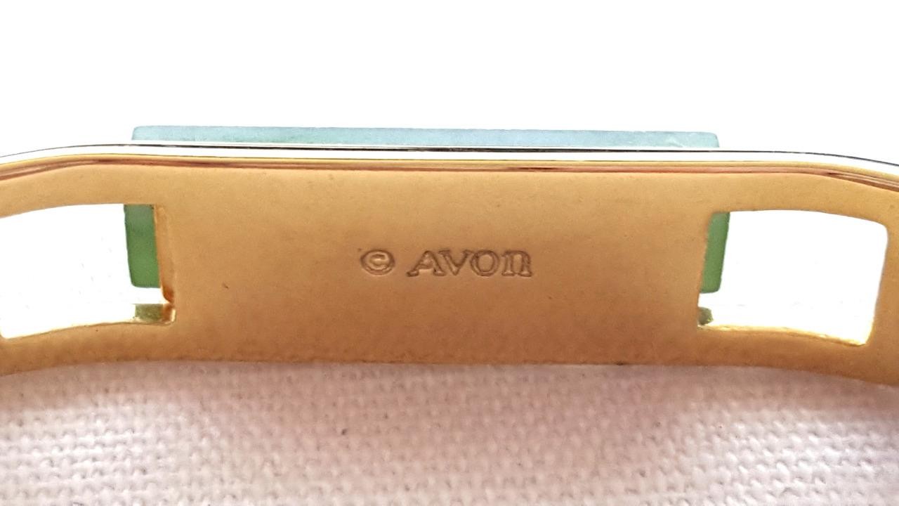 1978 AVON Gold Tone Modernist Bracelet, Clamper Clip Bangle, JADE Stone