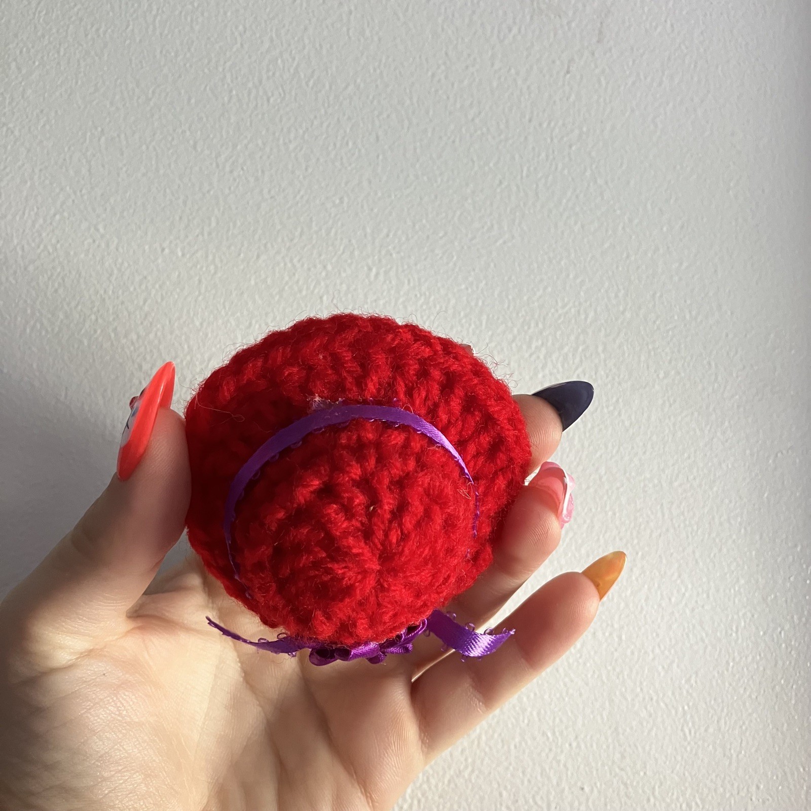Handmade Crochet Hat Brooch Vintage 90s Y2K Pin Red With Purple Ribbon Bow