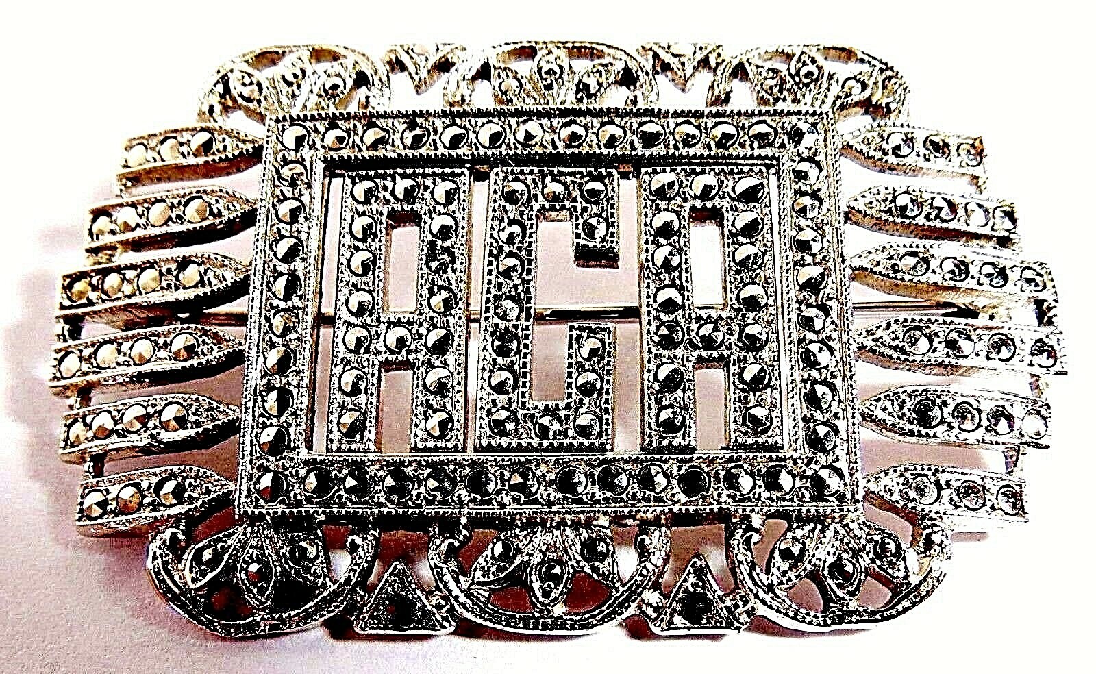 ANTIQUE LARGE LADIES STERLING SILVER ACA MARCASITE STONES PIN BROOCH 9.40 Grams