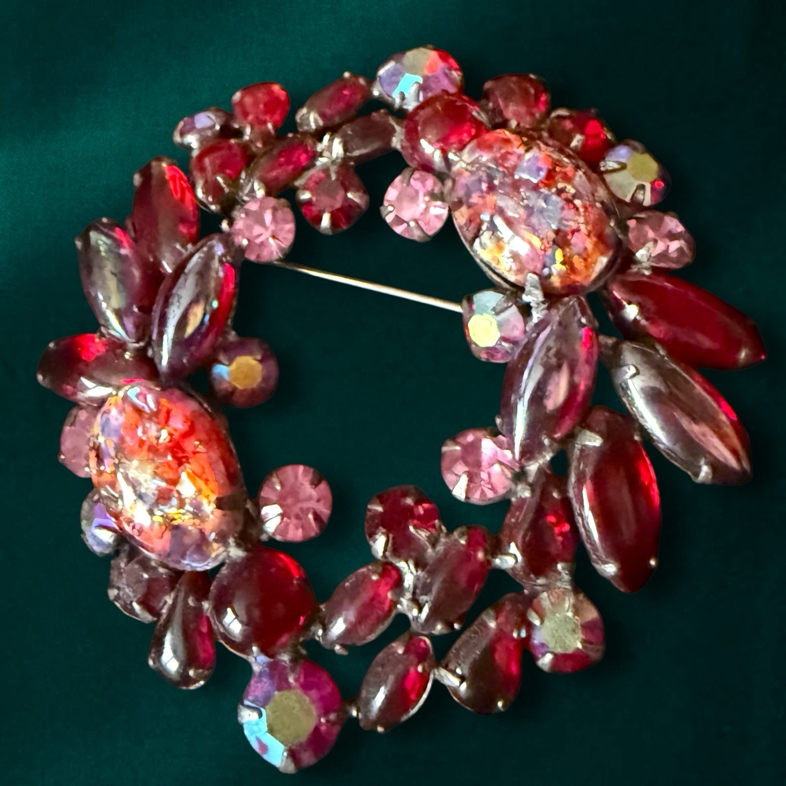 Red Rhinestone Brooch Large Art Glass Confetti Cabochon Vintage 3 Inch