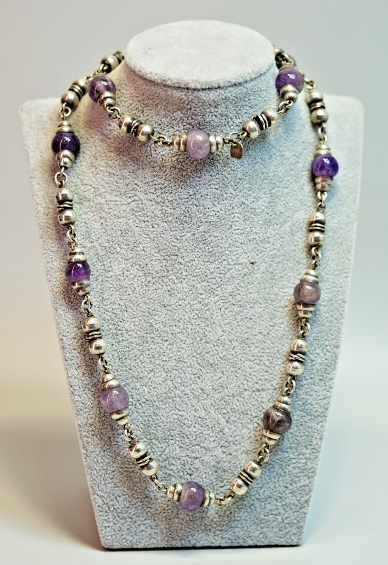 Vintage Mexico Sterling Silver Amethyst Beads Endless Beaded Necklace