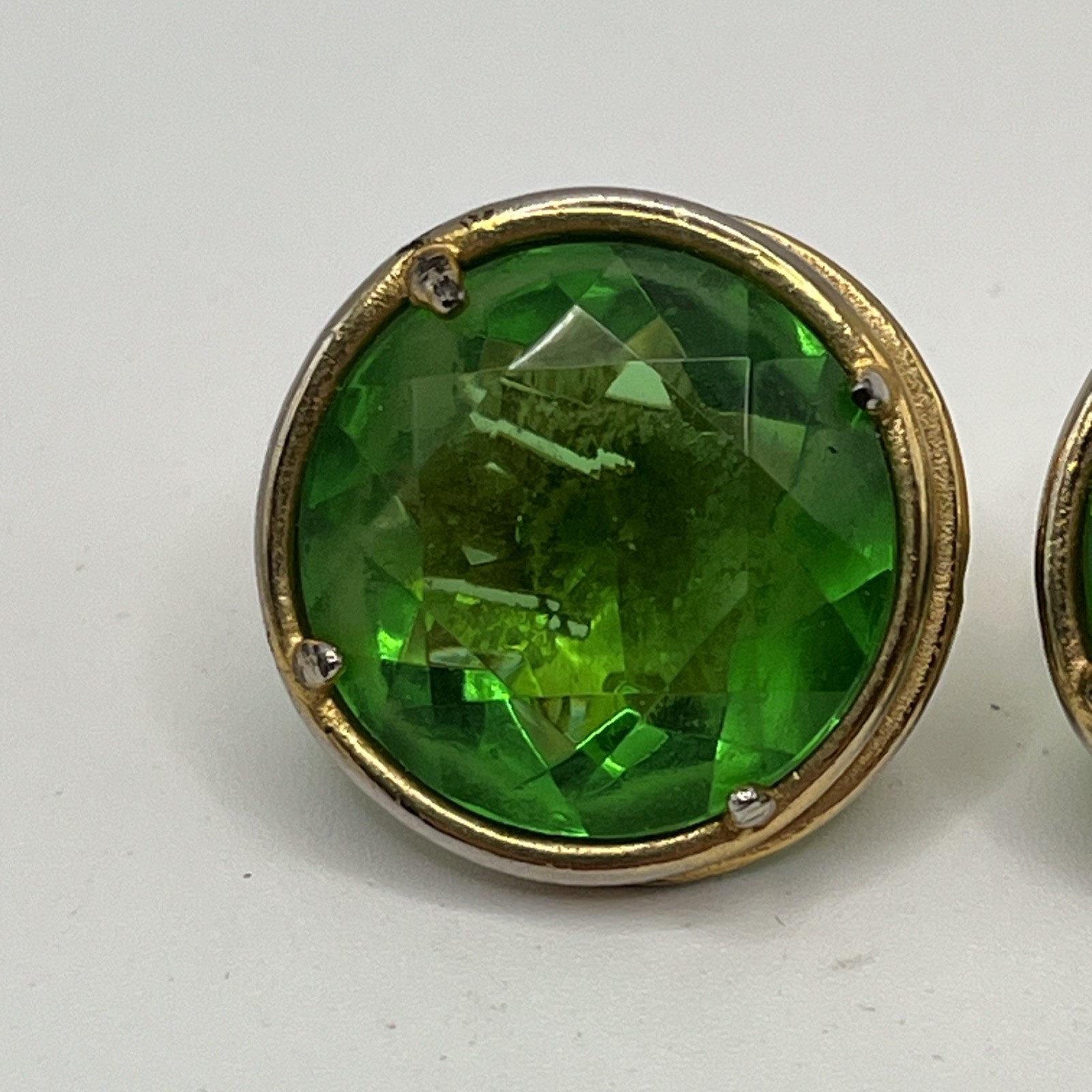 Vtg Mosell Emerald Green Faceted Glass Clip On Earrings Large Cocktail Round