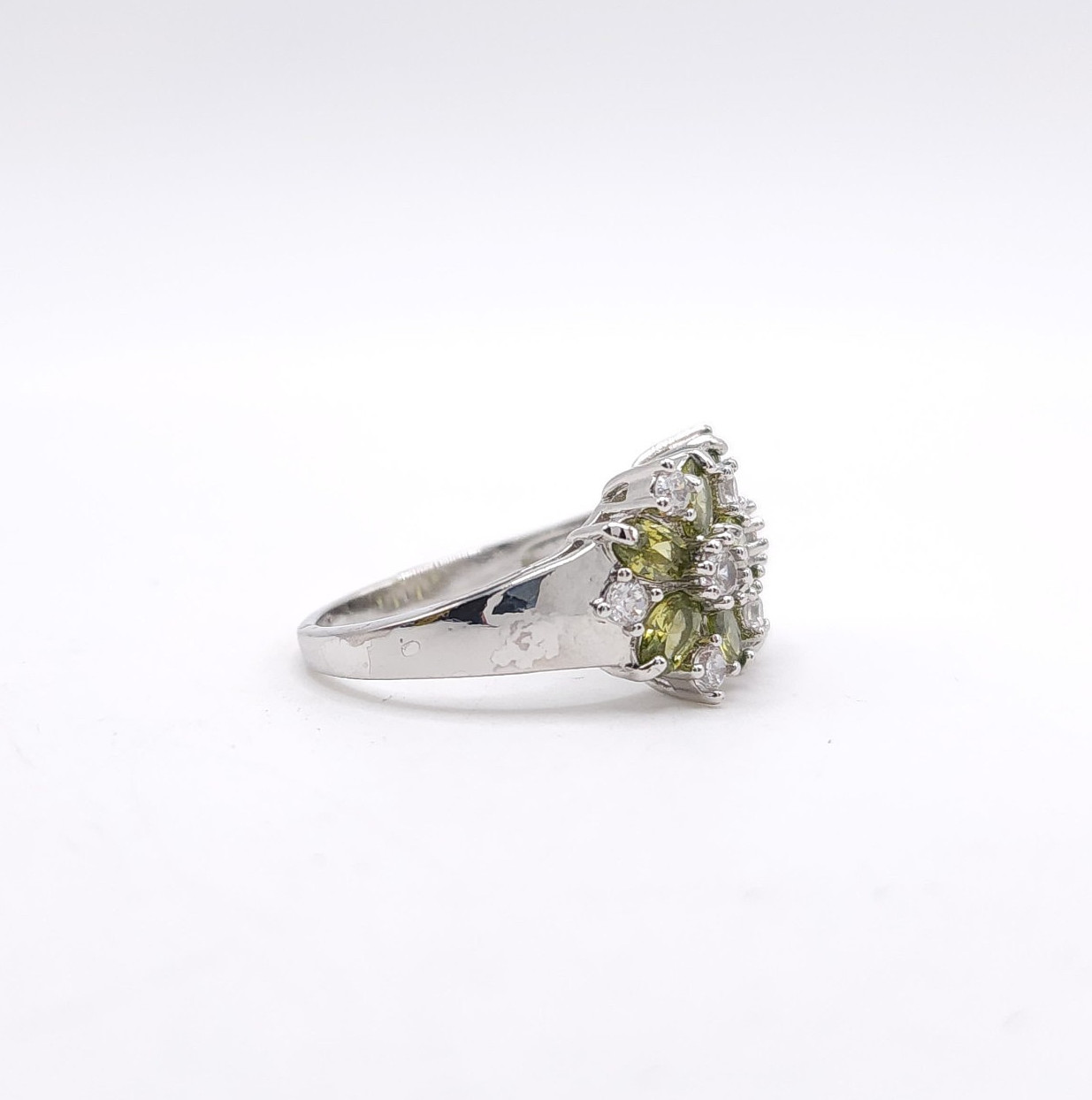 Sterling Silver 925 Green CZ Floral Cluster Ring Daisy Statement Vintage