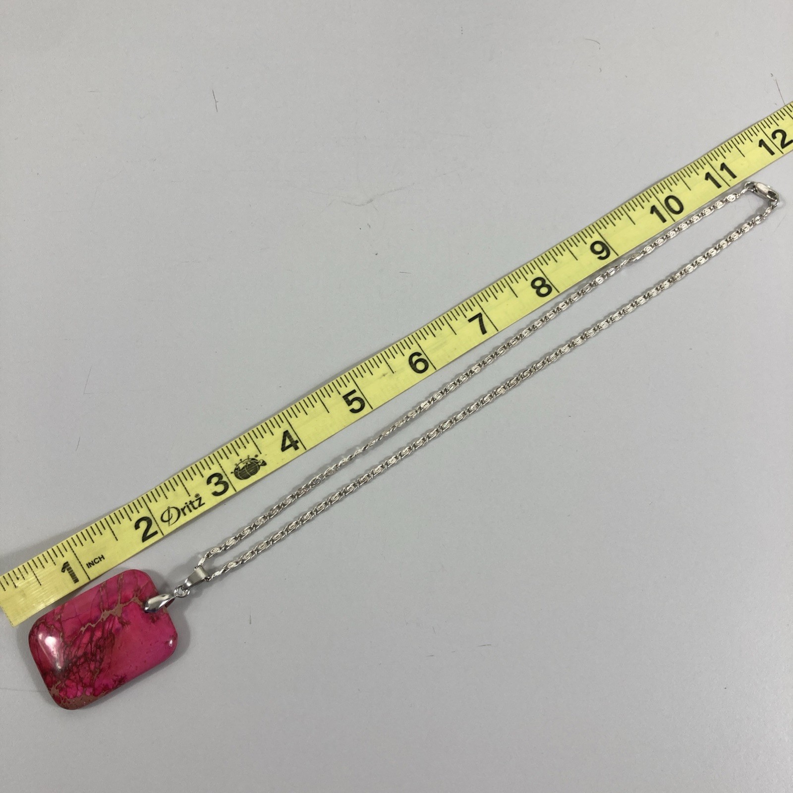 Polished Pink Stone Pendant 2.5″ Rounded Rectangle 19″ Silvertone Chain Necklace