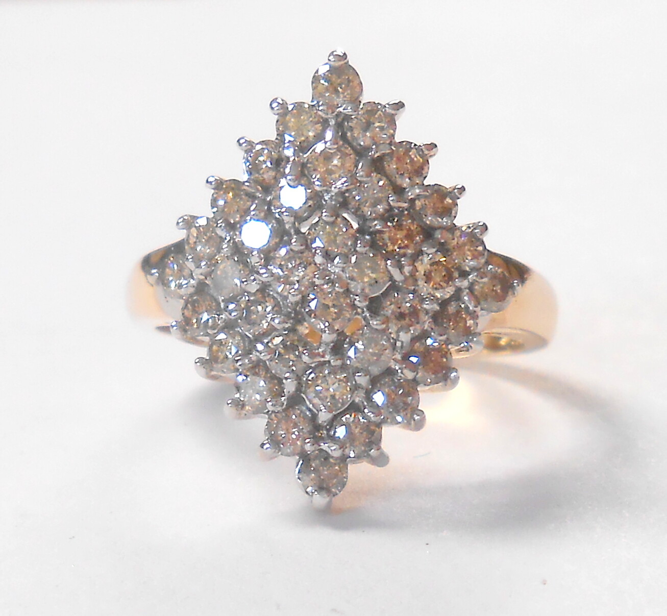 Wide 1.08ctw Champagne Diamond Cluster 10K Yellow White Gold Ring Size 6.75
