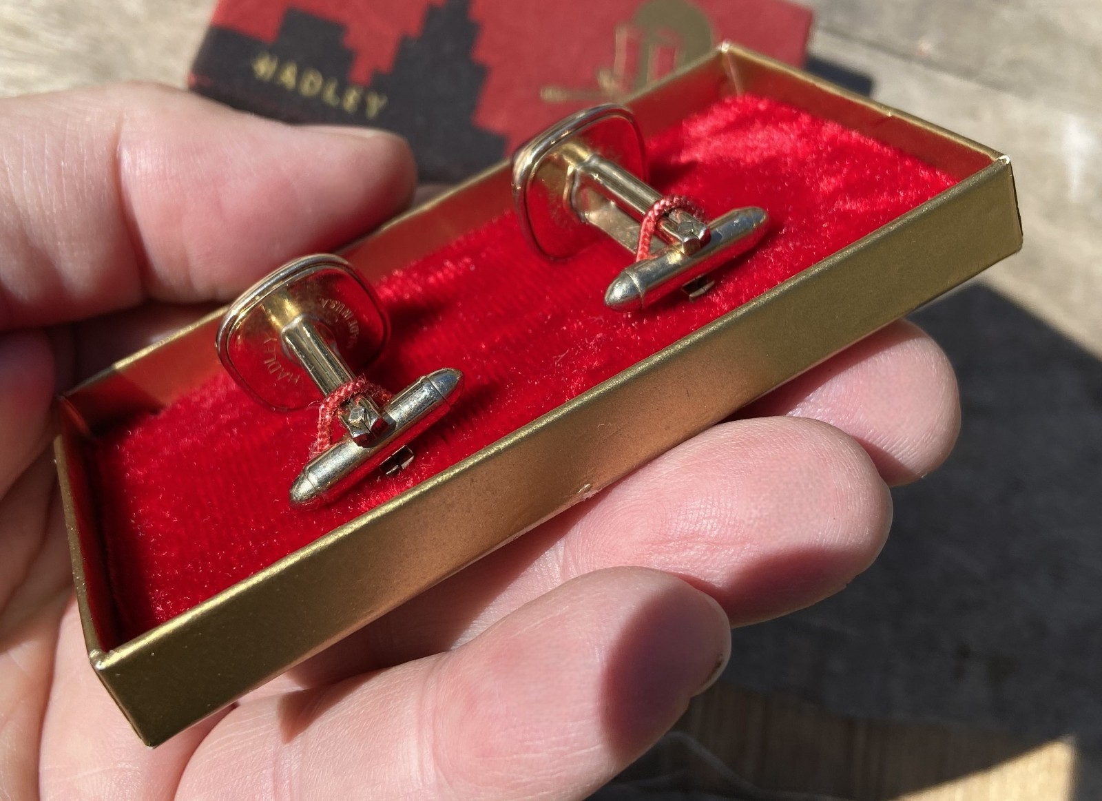Vintage HADLEY Simulated Red Gemstone Cufflinks Original Box & Jeweler’s Label