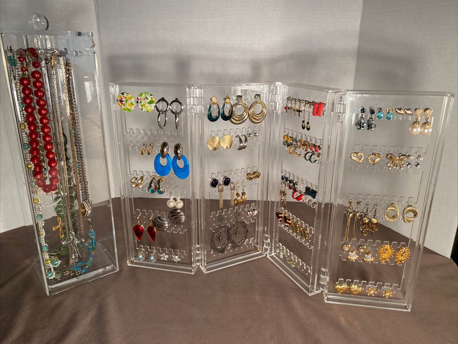 Vintage Lot 60 Pairs Earrings, 15 Necklaces & Acrylic Displays Monet, Avon