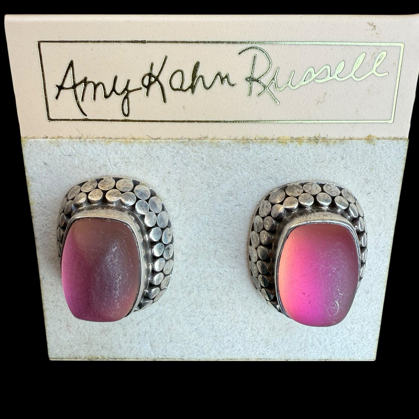 VTG Amy Kahn Russell Celestial Quartz Color Shift Sterling Clip Earrings Pink