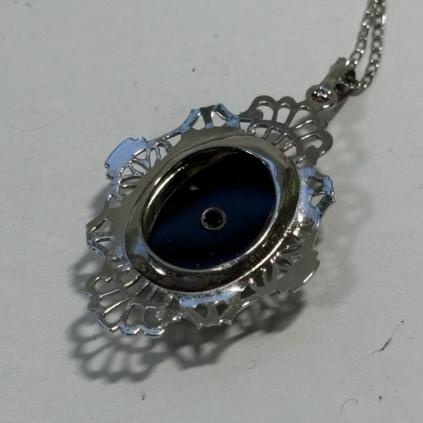 VTG Art Deco Black Onyx Diamond Filigree Pendant Necklace Sterling Silver 18″