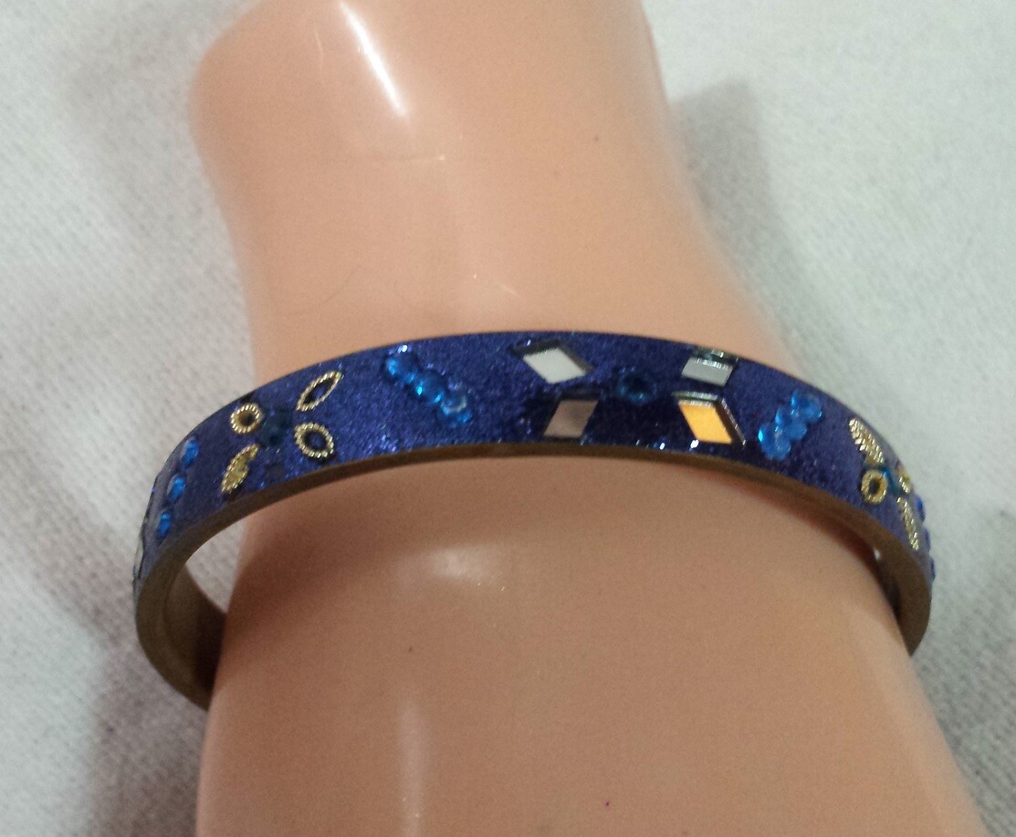 Vtg Blue Glitter Blue Stone Mirrored Bling Fashion Bracelet Womens Sz 8.25 India