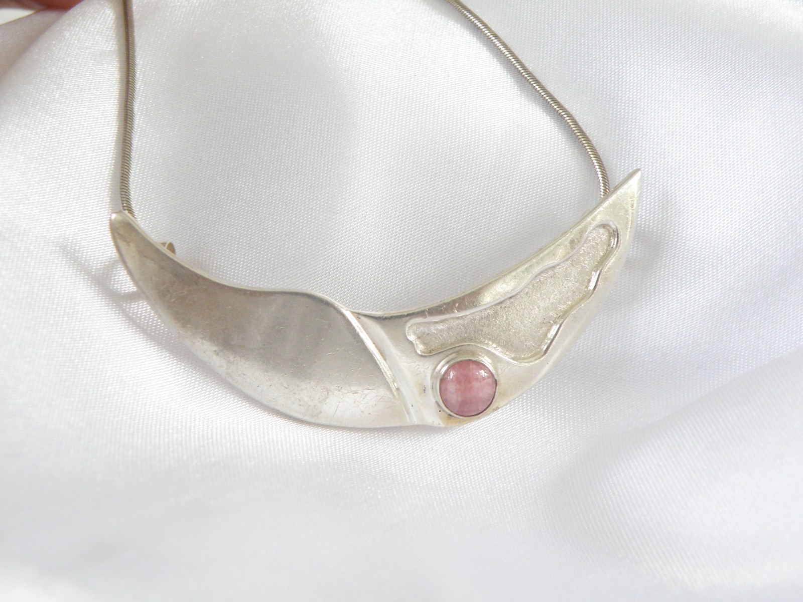 Vintage Sterling Silver 925 Artisan Modernist Rhodochrosite Slide Necklace