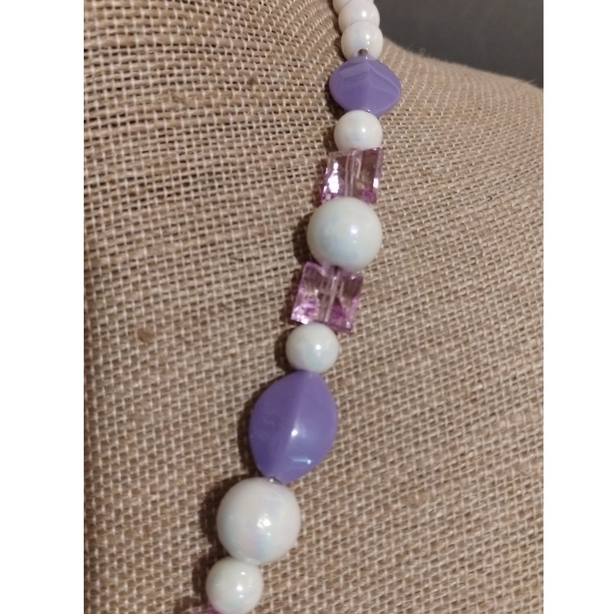 Lavendar, White Iridescent, Pink square Beaded Necklace Plastic