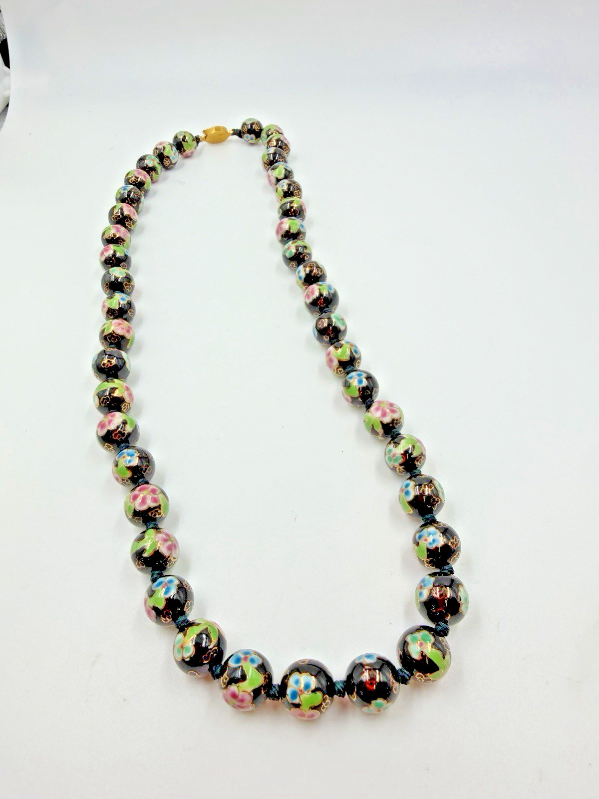 Vintage Necklace Chinese Export Black Round Floral Hand Knot 26 in 11mm
