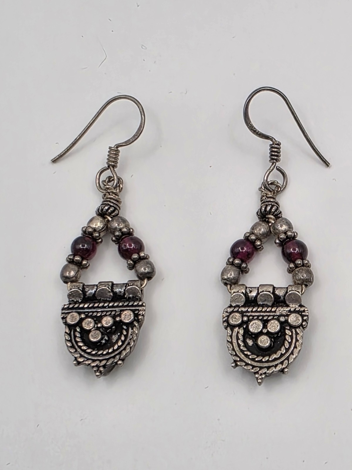 Vintage Dangle Boho Silver And Red Beads Pierced Earrings Hooks Marked 925