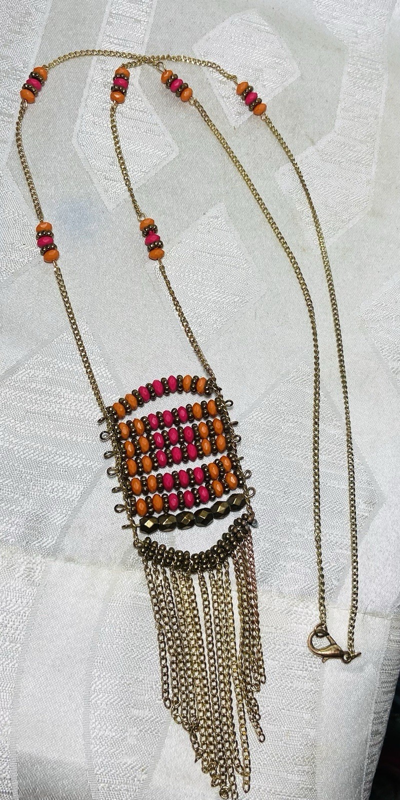 Vintage Boho Fringe Necklace Long Beaded Statement Pink Orange Brass Tone 42”