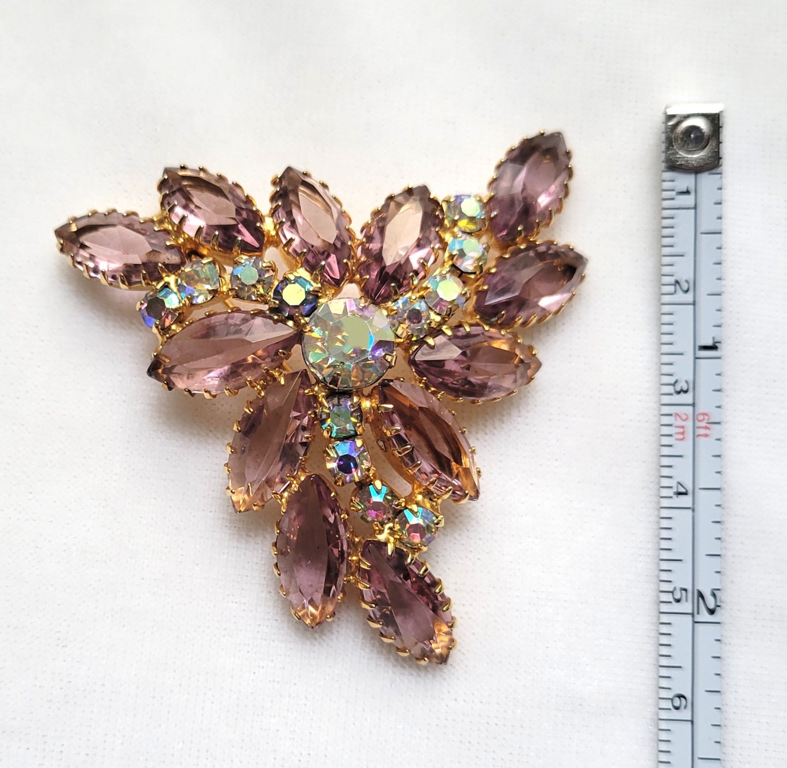 Vintage Lavender Navette Rhinestone Floral Spray Brooch AB Gold Tone 1960s