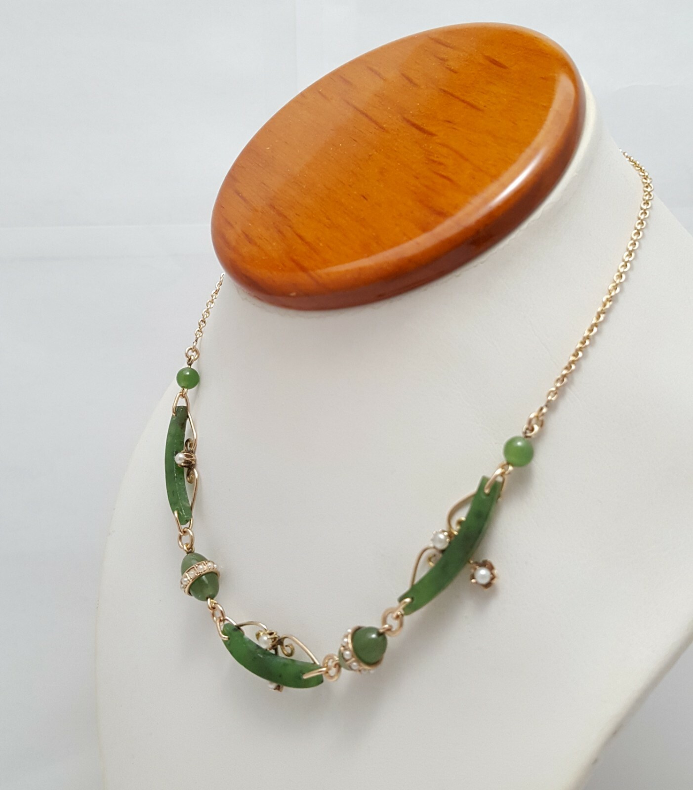 Vintage 9K Karat Solid Yellow Gold English Jade & Pearl Link Chain Necklace
