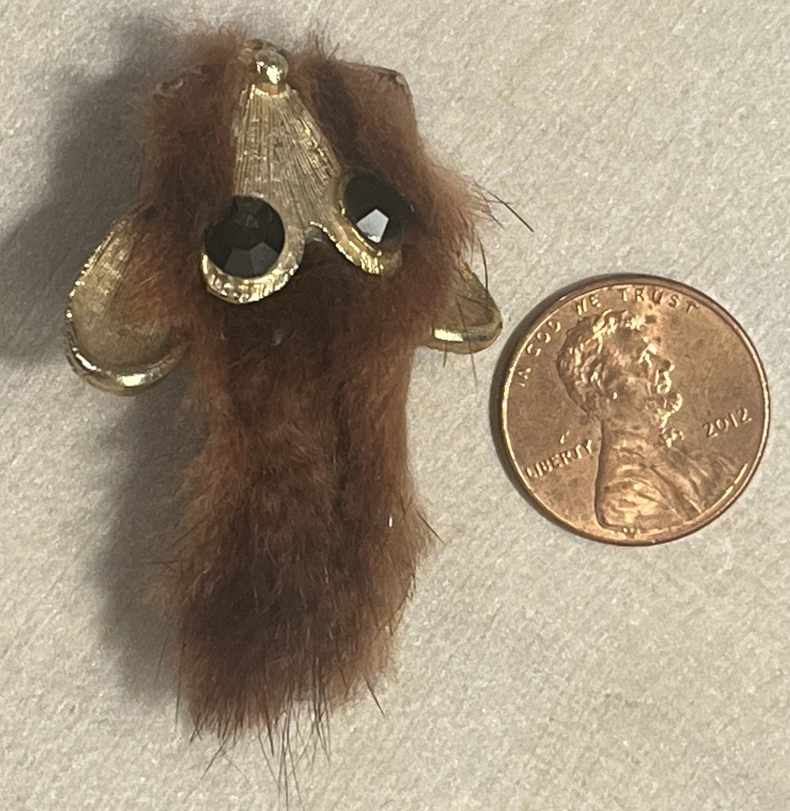 Faux Fur Mouse Brooch Gold Tone Vintage