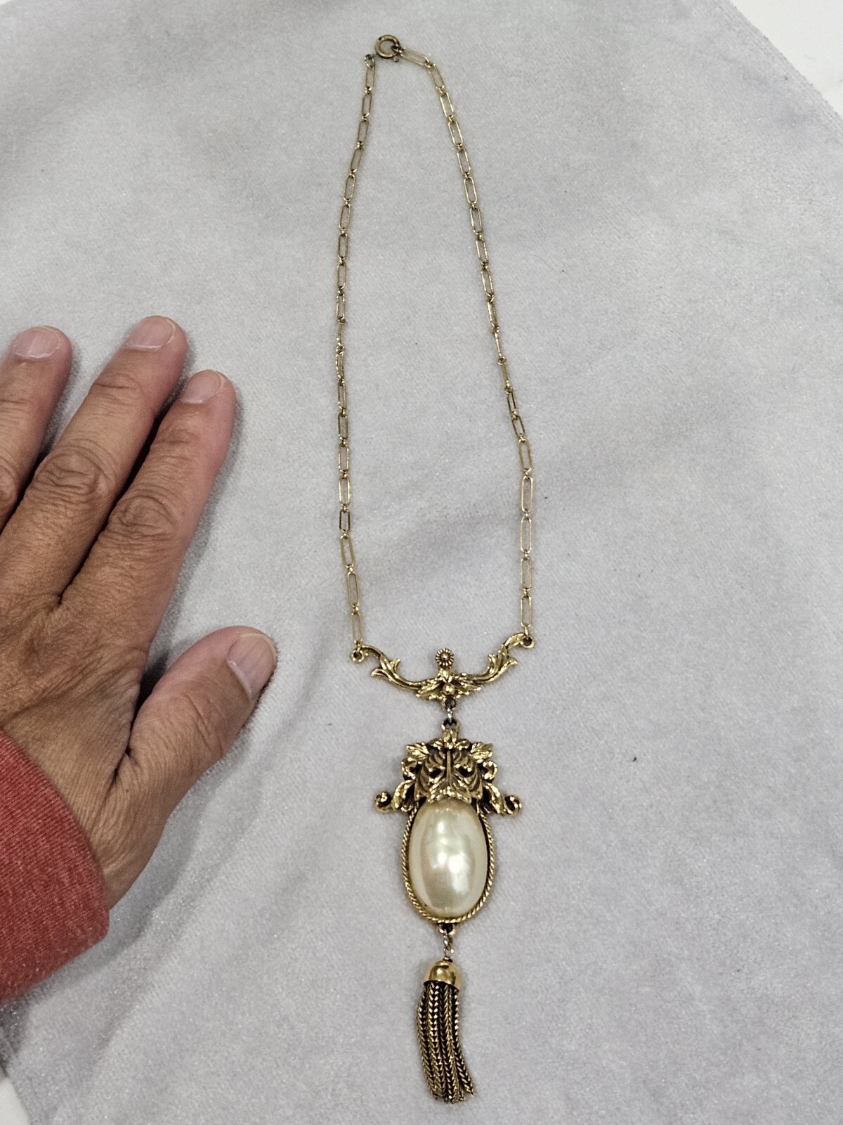 Vintage Goldette White Faux Pearl Dangle Fringe Victorian Revival Necklace 60’s
