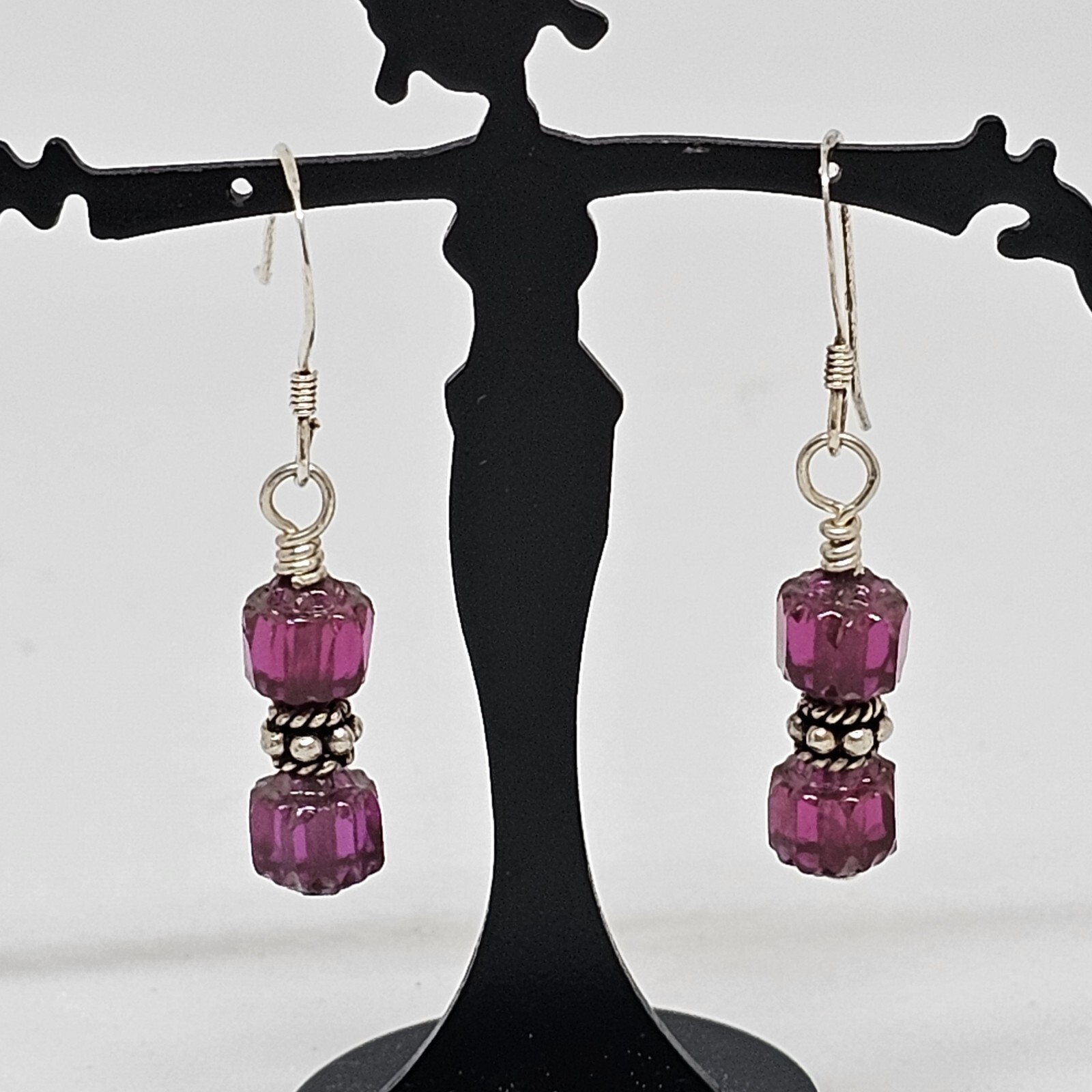 925 Sterling Silver – Fuchsia Red Glass Crystal Bead Drop Dangle Earrings