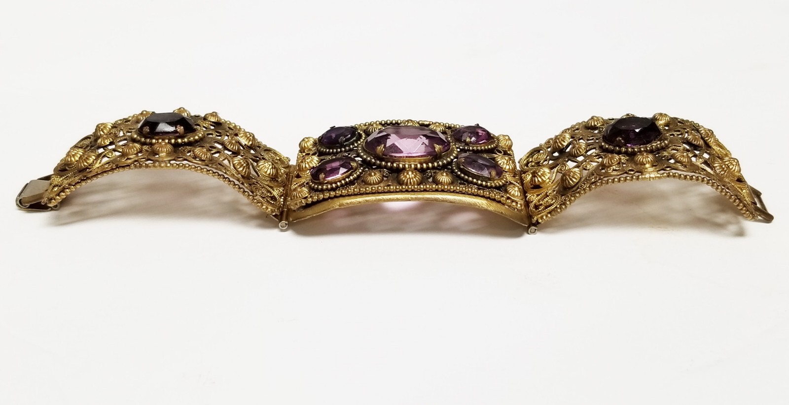 Georgian Style Czech Open Back Amethyst Cannetille Wire Work Panel Bracelet