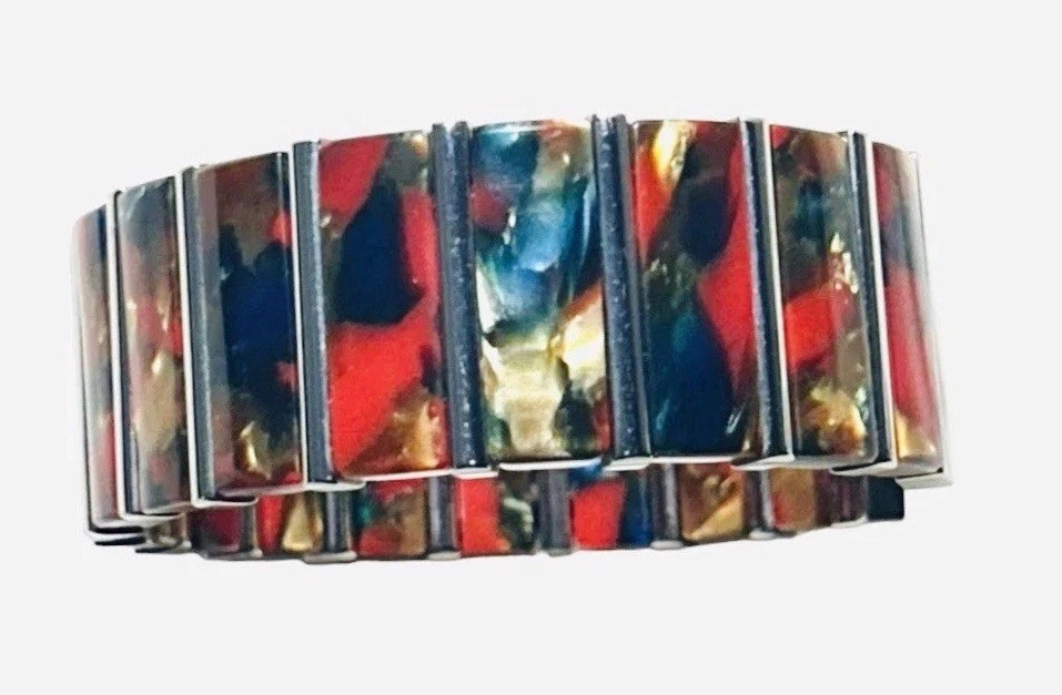 Vintage Acrylic Stretch Cuff Bracelet Marbled Red Gold Blue Silver Tone Bars Y2K