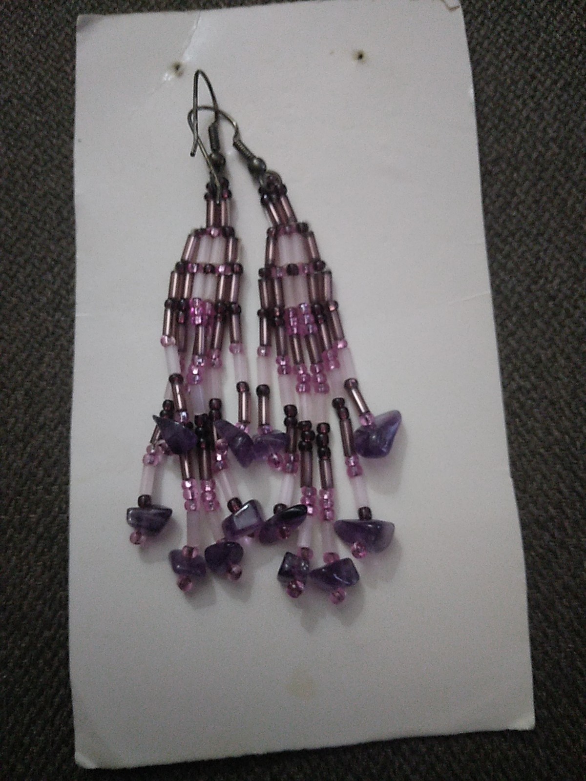 Vintage Dangle Seed Bead Beaded Earrings Long Purple Pink White 3.25″Long