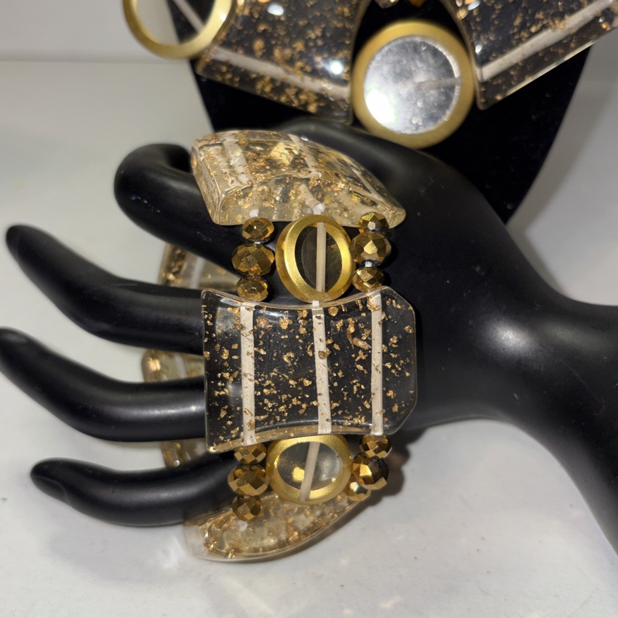 Vintage Chunky Statement Clear Lucite With Gold Flecks Demi Parure Set