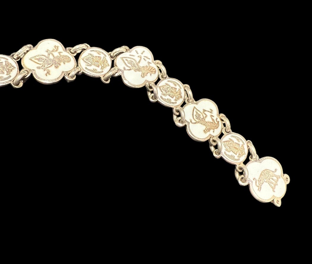 Vintage Sterling Silver Siam Dancers And Elephant Link Bracelet 7.25 in