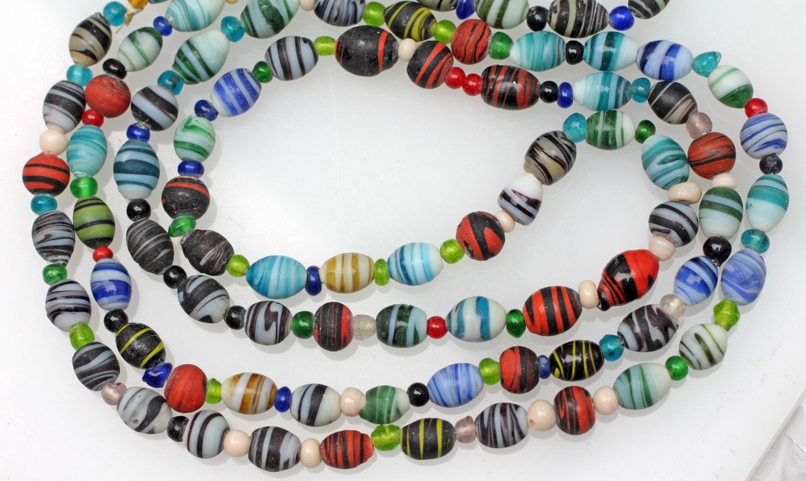 Vintage Hand Blown Glass Trade Bead Necklace Red Blue Green Striped 48″ Long