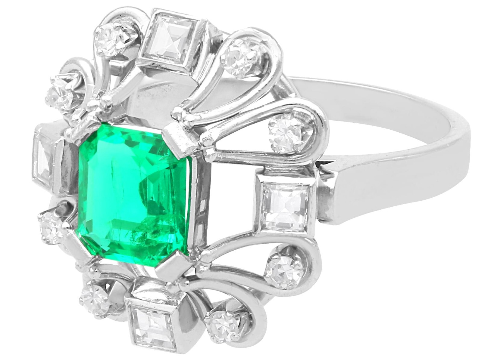 0.99Ct Colombian Emerald and 0.35Ct Diamond, 18k White Gold Ring Circa 1925