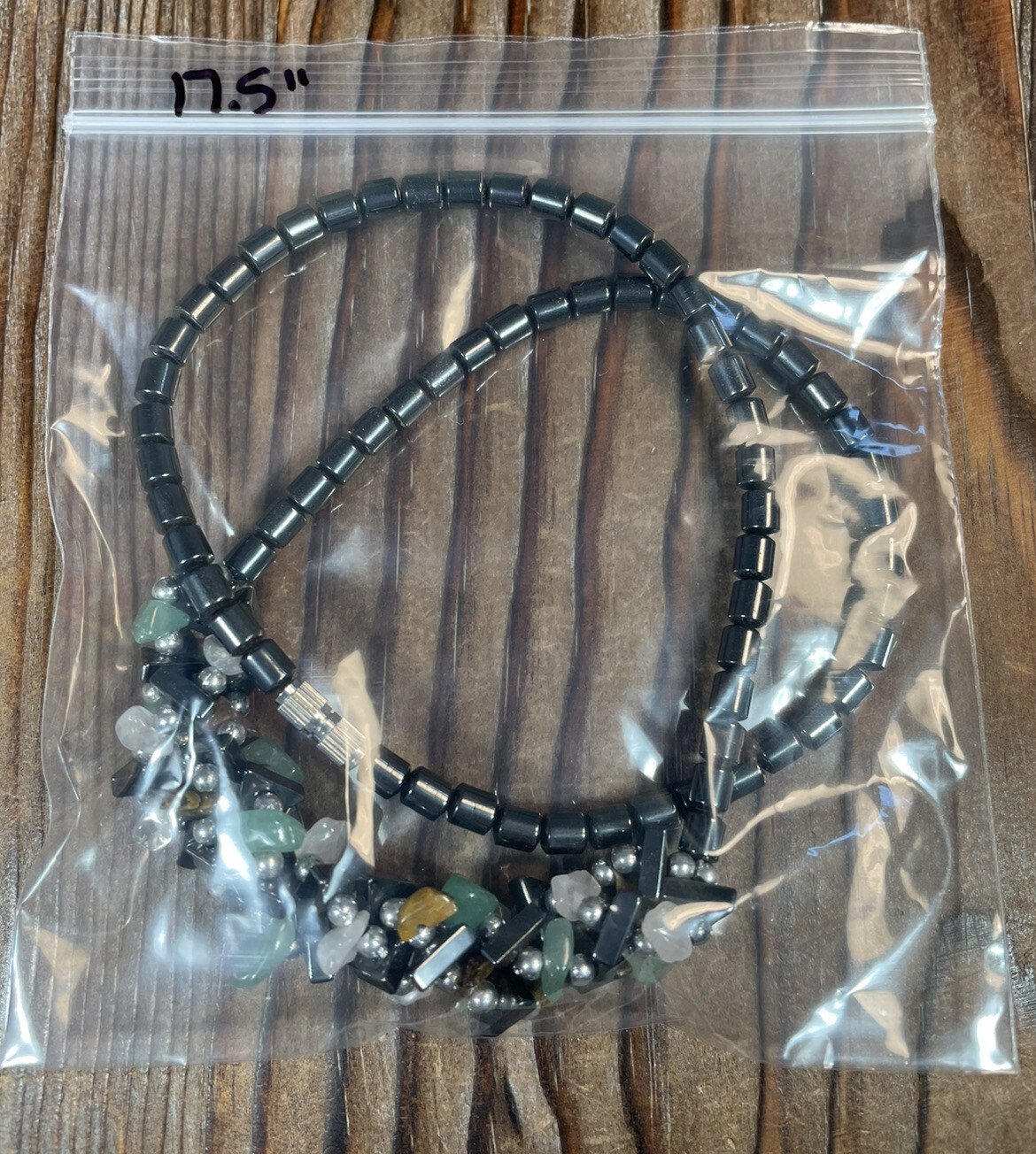 Hematite & gemstone cluster beaded necklace multicolor 17.5 in silver tone