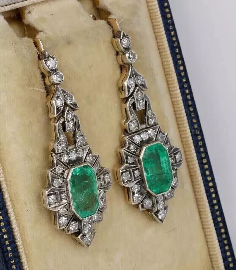 Art Deco Vintage Wedding Earrings 2.7 Ct Simulated Emerald 14K White Gold Over